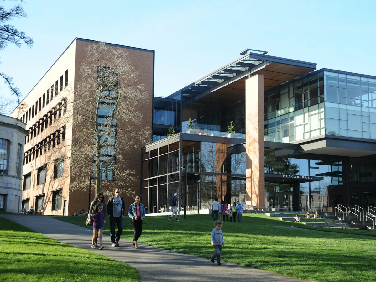 Students walking through a modern campus